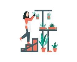 vrouw met kamerplant in de muur en trap vector groen leven voor duurzame Bij huis illustratie ontwerp