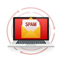 Nee spam. spam e-mail waarschuwing. concept van virus, piraterij, hacken en veiligheid. envelop met spam. vector illustratie