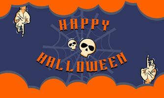 gelukkig halloween banier of partij uitnodiging achtergrond met wolken, vleermuizen en pompoenen in papier besnoeiing stijl. vector illustratie. vol maan in oranje lucht, spin web