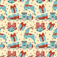 Kerstmis naadloos patroon. rendier, geschenken, trein, en bellen. vector, vlak stijl. perfect voor textiel, behang of afdrukken ontwerp. vector