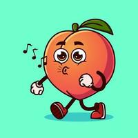 schattig perzik fruit karakter wandelen met blij gezicht. vector