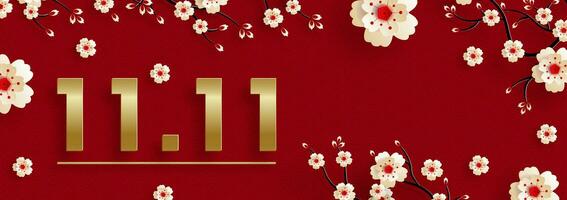 11.11 Chinese boodschappen doen dag uitverkoop poster met goud papier besnoeiing kunst en ambacht stijl Aan kleur achtergrond vector