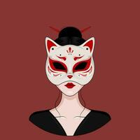 meisje vervelend een Japans kitsune vos masker vector