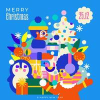 Kerstmis illustratie met blij meisje en jongen, schattig pinguïn, prachtig verpakt presenteert, mandarijnen en glimmend Kerstmis boom. perfect voor creëren een feestelijk humeur. vector