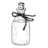 vector glas essentieel olie fles met kurk en touw boog grafisch illustratie. hand- getrokken retro pot zwart en wit schetsen