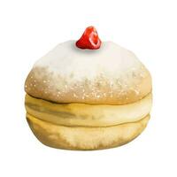 Chanoeka donut met jam Aan top. hand- getrokken waterverf illustratie, geïsoleerd Aan wit achtergrond voor Joods vakantie, partij ontwerpen vector
