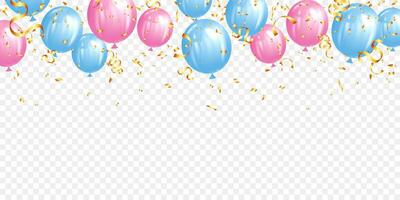 roze, blauw helium ballonnen en goud confetti achtergrond voor bruiloft, verjaardag, partij en decoratie vector