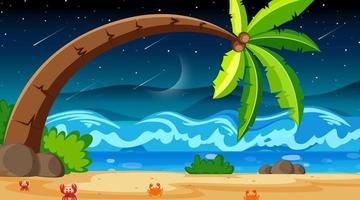 tropische strandlandschapsscène 's nachts met een grote kokospalm vector