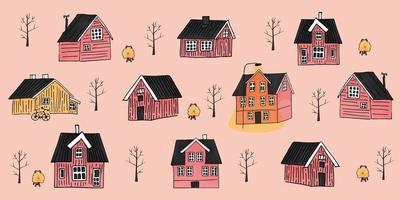 set gele, roze Scandinavische houten huizen vector