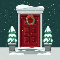 deur met een Kerstmis lauwerkrans. Kerstmis bomen in de sneeuw. sneeuw valt. vector