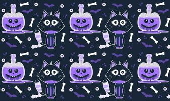 naadloos vector halloween patroon Aan een Purper achtergrond. een kat en een toverdrank met grappig gezichten. illustratie