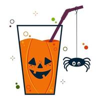 Halloween-feestcocktail met eng schattig oranje pompoengezicht. drinken vector