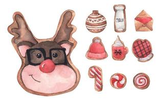 set peperkoek schattige koekjes. aquarel kerstkaart. vector