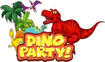 schattige dinosaurussen stripfiguur met dino party lettertype banner vector