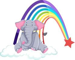 een olifant op de wolk met regenboog op witte achtergrond vector