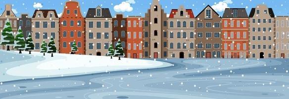 sneeuw vallende scène overdag met gebouwen in de voorsteden achtergrond vector
