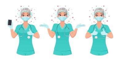verpleegster in maskerhoed en handschoenen in verschillende poses vectorillustratie vector
