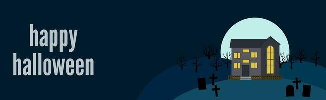 gelukkig halloween. feestelijk banier met een eenzaam huis Aan een achtergrond van de vol maan Bij nacht. vector illustratie.