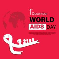 wereld AIDS dag december 1 e. bewustzijn rood lint net zo symbool hiv en kanker. rood achtergrond en kaart, allemaal leeftijden, geslacht, en etniciteit mensen concept. vector voor banier, poster en sociaal media na.