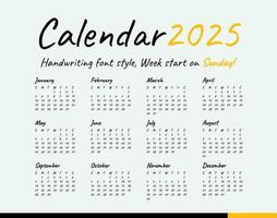 kalender 2025, handschrift, minimaal stijl, week begin Aan zondag. vector