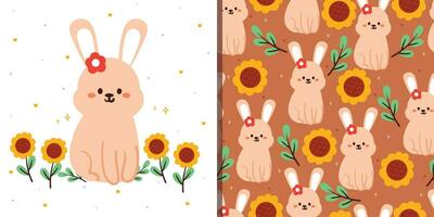 naadloos patroon en kaart tekenfilm konijn en bloem. schattig dier behang en patroon voor textiel, geschenk inpakken papier vector