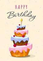 verjaardag taart vector groet kaart. gelukkig verjaardag tekst met lekker taart element decoratie voor feest. vector illustratie.