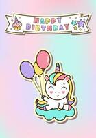 gelukkig verjaardag kaart met schattig eenhoorn en ballonnen. kleurrijk ontwerp. vector illustratie