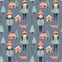 naadloos patroon met tekening meisje, huis en boom. vector hand- getrokken Kerstmis elementen. winter achtergrond