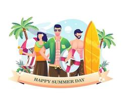 mensen vieren zomerdag op het strand. zomerdag illustratie vector