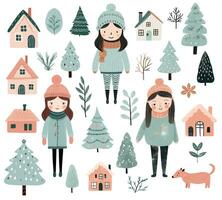 scandi Kerstmis elementen, schattig meisjes, bomen, huizen. reeks van hand- getrokken winter vector illustratie.