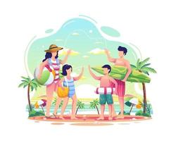 gelukkige familie die plezier heeft op het strand tijdens de zomerillustratie vector