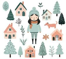 scandi Kerstmis elementen, schattig meisjes, bomen, huizen. reeks van hand- getrokken winter vector illustratie.