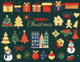 Kerstmis verzameling van seizoensgebonden elementen met sneeuwman, Kerstmis bomen, geschenk, scandi huizen. vector winter ontwerp.