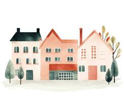 Scandinavisch huizen en bomen. Europese straat. schattig scandi waterverf huizen. kinderachtig vector illustratie