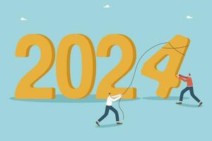 samenspel en brainstorming naar ontwikkelen strategie naar bereiken bedrijf of financieel doelen in nieuw jaar 2024, samenwerking voor succes, creatief ideeën naar bereiken hoog resultaten, mannen verhogen aantal 4 voor 2024. vector