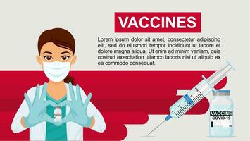 een vrouw dokter in een masker shows haar hart met haar handen en houdt een vaccin tegen coronavirus. geschikt banier, folder. vaccinatie van mensen. coronavirus covid-19 concept. vector