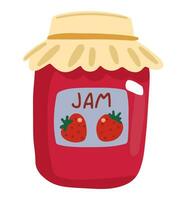 pot van aardbei jam, eigengemaakt voedsel. gekleurde tekenfilm tekening. hand- getrokken vector illustratie. single tekening geïsoleerd Aan wit achtergrond. element voor ontwerp, afdrukken, sticker, kaart, decoratie, wrap.