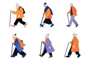 hand- getrokken ouderen tekens wandelen met wandelstokken in vlak stijl vector