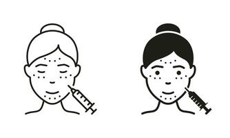 injectie voor gelaats rimpels pictogram. mesotherapie, zuur en vulmiddel symbool verzameling. anti-veroudering huid zorg procedure voor Dames lijn en silhouet zwart icoon set. geïsoleerd vector illustratie.