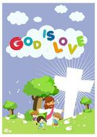 god is liefde typografie - Jezus illustratie spelen met kinderen in de tuin vector