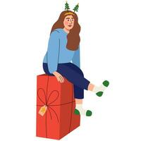 vrouw, meisje zittend Aan een Kerstmis geschenk. nieuw jaar of Kerstmis viering. vector