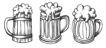 vector tekening reeks van bier mokken in schetsen stijl. wijnoogst illustratie Aan de thema van oktober fest