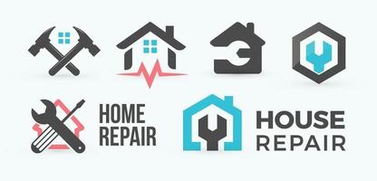 huis reparatie platte cartoon vector logo set. huis meester service pictogrammen