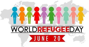 wereld vluchtelingendag banner met veel mensen ondertekenen op wereldkaart achtergrond vector