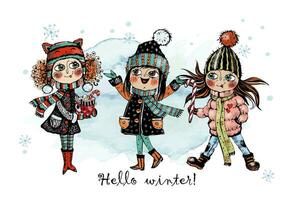 Hallo winter. schattig meisjes in winter. vector. vector