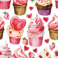 waterverf tekening, naadloos patroon met schattig cupcakes met roze room en harten. Valentijnsdag dag afdrukken. vector