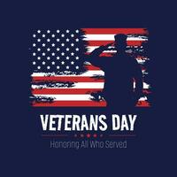veteranen dag poster met een mannetje soldaat groeten met een Amerikaans vlag in de achtergrond vector