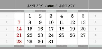 januari 2024 per kwartaal kalender blok. muur kalender in engels, week begint van zondag. vector