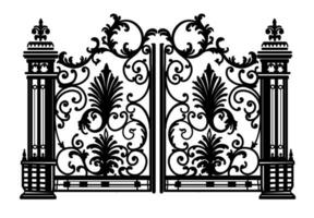 antiek metaal poort. zwart Aan wit schetsen van bewerkt ijzer tweevoudig tuin deuren. kerk poort met scrollt en bladeren. vector