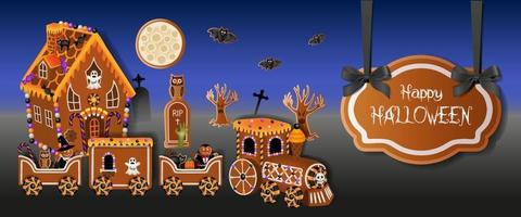 halloween-banner met peperkoekhuis en trein vector